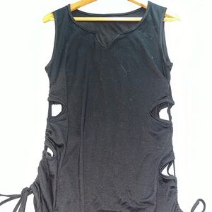 Black tank top dress with v cut out in the front & cutout/ruched detailing